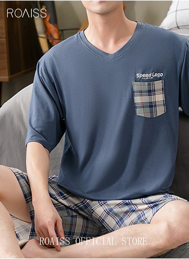 roaiss - 2-Piece Pajama Set Men's Modal Short-Sleeved T-Shirt Short Pants Sets Grid Pattern Sleepwear Nightgown Male Loose Spring Summer Thin Loungewear Home Clothes Blue - Image 1