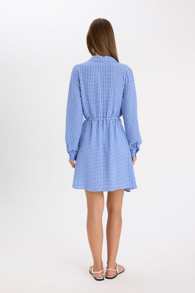 DeFacto Blue Woman Shirt Collar Modal Long Sleeve Mini Dress Casual - Image 5