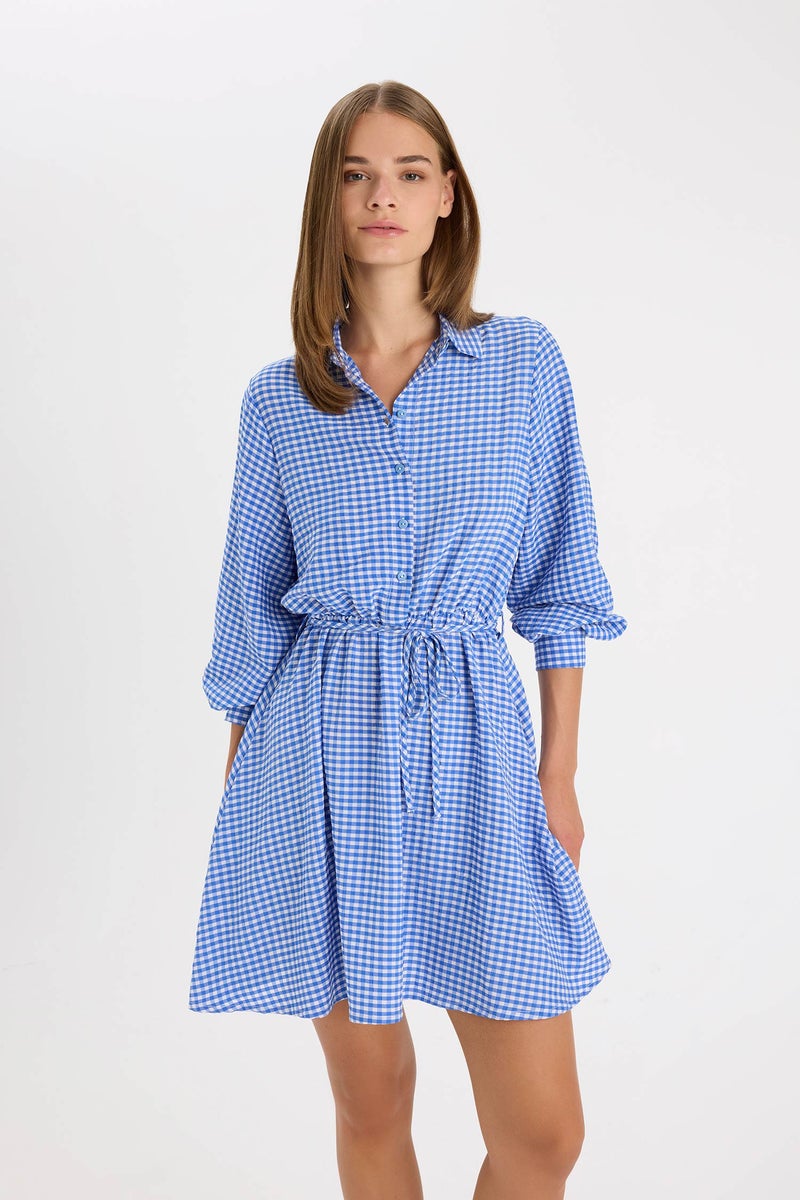 DeFacto Blue Woman Shirt Collar Modal Long Sleeve Mini Dress Casual - Image 2