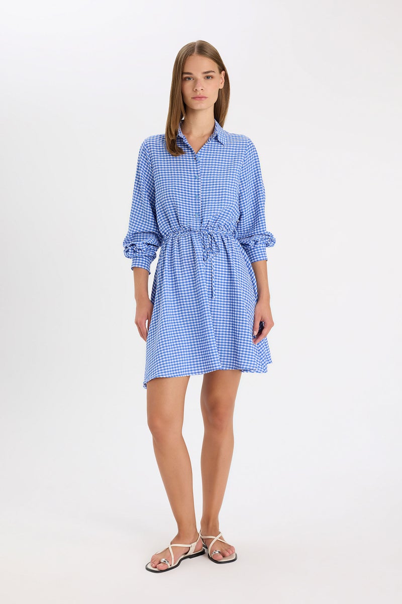 DeFacto Blue Woman Shirt Collar Modal Long Sleeve Mini Dress Casual - Image 1