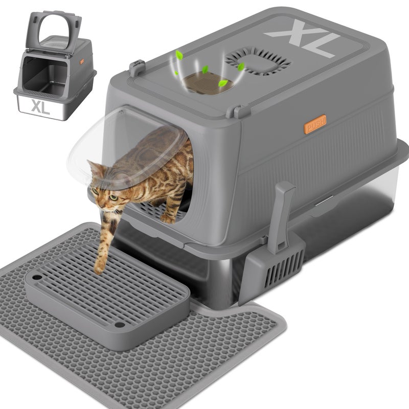 Anywish Stainless Steel Cat Litter Box with Lid, XL Extra Large Enclosed Removable Metal Litter Box with Litter Scoop&Double Layer Litter Mat, Non-Sticky, Non-Odor, for Big Cats Dark Grey - Image 1