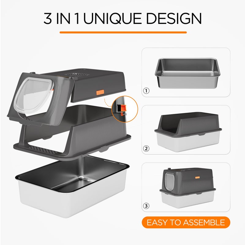 Anywish Stainless Steel Cat Litter Box with Lid, XL Extra Large Enclosed Removable Metal Litter Box with Litter Scoop&Double Layer Litter Mat, Non-Sticky, Non-Odor, for Big Cats Dark Grey - Image 5