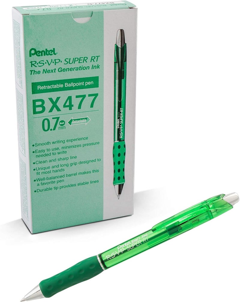 Pentel RSVP Super RT Ballpoint Pen 07mm Fine Line Green Ink Box of 12 BX477D - Image 2