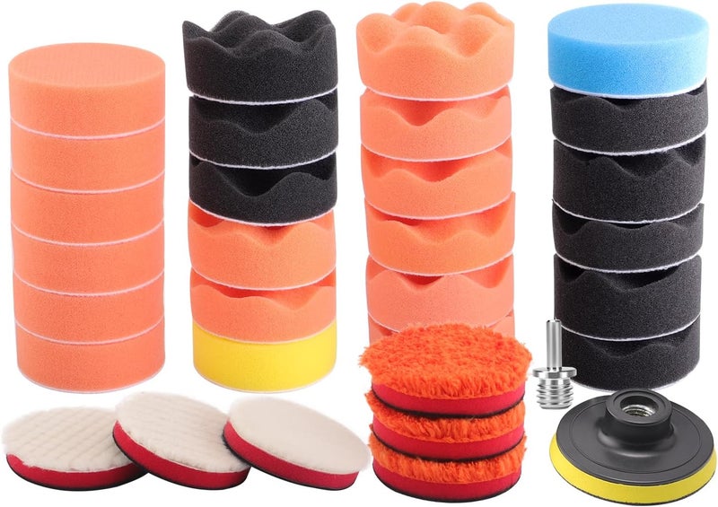 ZFE Drill Polishing Kit for Car, 3''(80mm) 32Pcs Car Foam Buffing Pads, Wool Pads Drill Buffing Pad, Wax Buffer Polisher Attachment with 5/8-11 Thread Backing pad & Adapters - Image 1