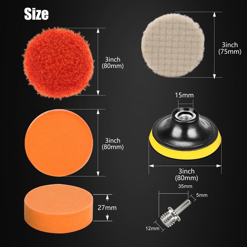 ZFE Drill Polishing Kit for Car, 3''(80mm) 32Pcs Car Foam Buffing Pads, Wool Pads Drill Buffing Pad, Wax Buffer Polisher Attachment with 5/8-11 Thread Backing pad & Adapters - Image 2