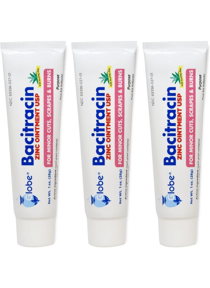 Globe Globe (3 Pack) Bacitracin Zinc Ointment + Aloe 1oz - Maximum Strength Antibiotic for Wound Healing - Topical Medicated Solution for Cuts, Burns, Scrapes - Skin Infection & First Aid Essentials 