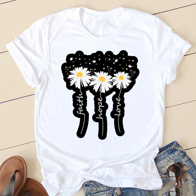 Horticultural Flowers Personality Pattern Round Neck Printed White T-Shirt Short Sleeve Women'S Wish/ - Image 2