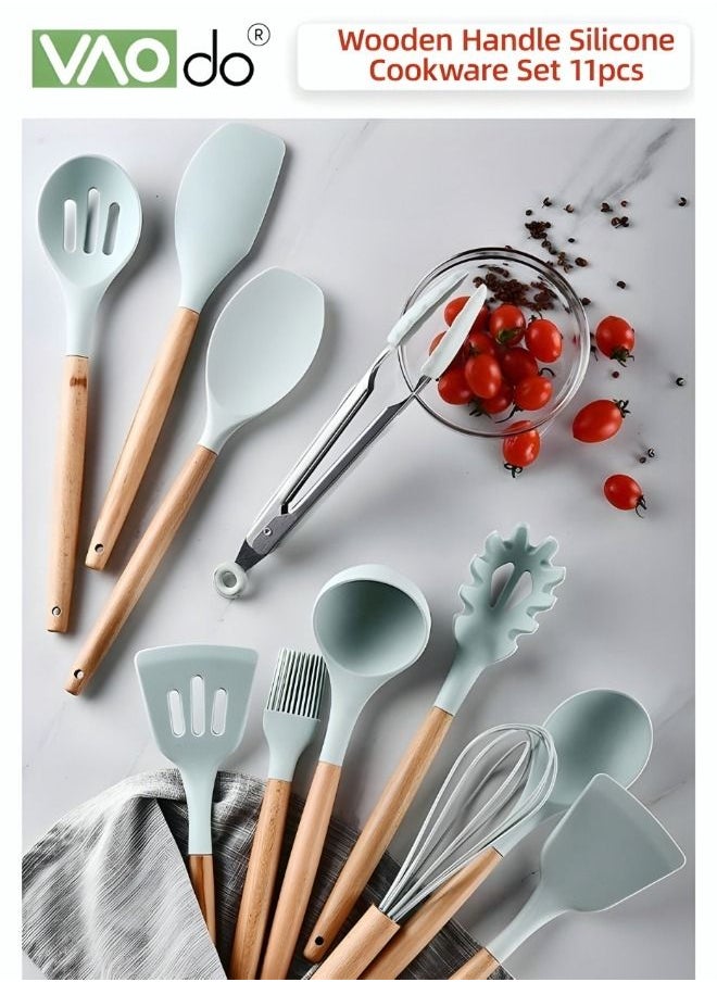 VAOdo - 11 Pieces Kitchen Cooking Utensil Set with Wood Holder Collection for Turner, Tongs, Spatula, Spoon, Brush, Whisk - Image 1