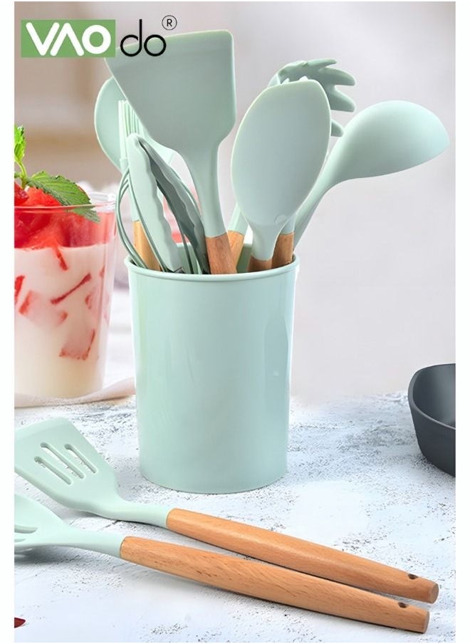 VAOdo - 11 Pieces Kitchen Cooking Utensil Set with Wood Holder Collection for Turner, Tongs, Spatula, Spoon, Brush, Whisk - Image 1