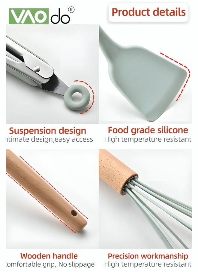 VAOdo - 11 Pieces Kitchen Cooking Utensil Set with Wood Holder Collection for Turner, Tongs, Spatula, Spoon, Brush, Whisk - Image 1