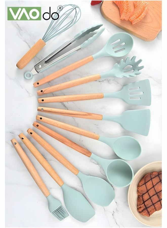 VAOdo - 11 Pieces Kitchen Cooking Utensil Set with Wood Holder Collection for Turner, Tongs, Spatula, Spoon, Brush, Whisk - Image 1