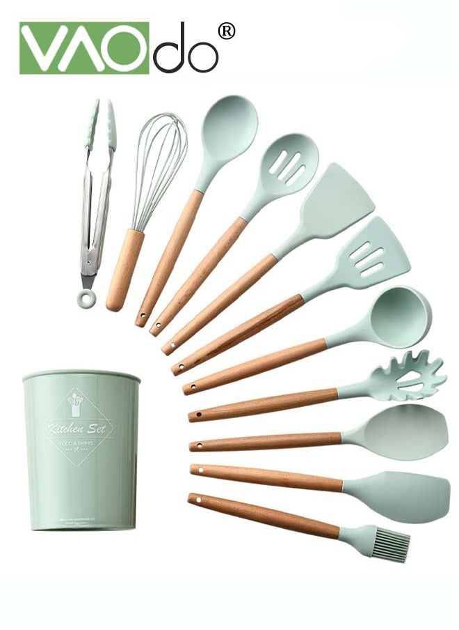 VAOdo - 11 Pieces Kitchen Cooking Utensil Set with Wood Holder Collection for Turner, Tongs, Spatula, Spoon, Brush, Whisk - Image 1