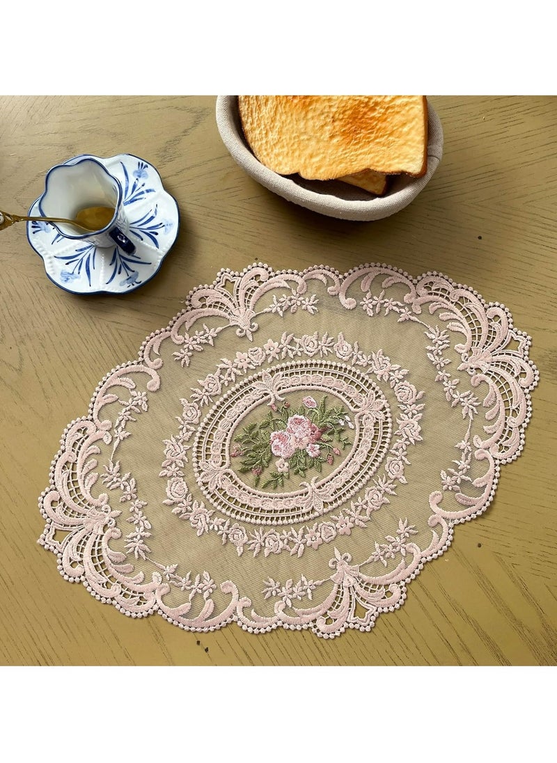 Generic Retro French Style Lace Placemats Fashionable Embroidered Cup Mat vase mat 12”x 16”,pink  - Image 2