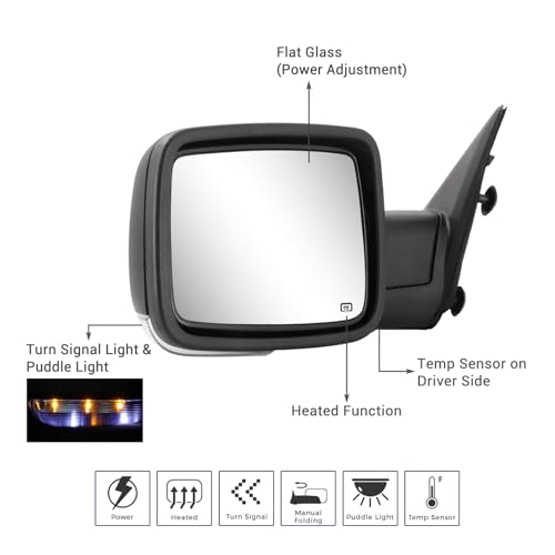 Sanooer Side Mirror Compatible with Towing Mirror 2009-2018 Dodge Ram 1500 2010-2018 Dodge Ram 2500 3500 4500 5500 with Power Heated Turn Signal temperature sensor Manual Folding Only Left Side - Image 2