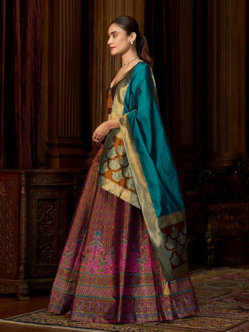 PURVAJA Women's Kanjiwaram Semi-Stitched Lehenga choli (Saaya-Brown_Free Size) - Image 2