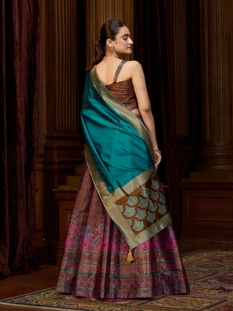 PURVAJA Women's Kanjiwaram Semi-Stitched Lehenga choli (Saaya-Brown_Free Size) - Image 3