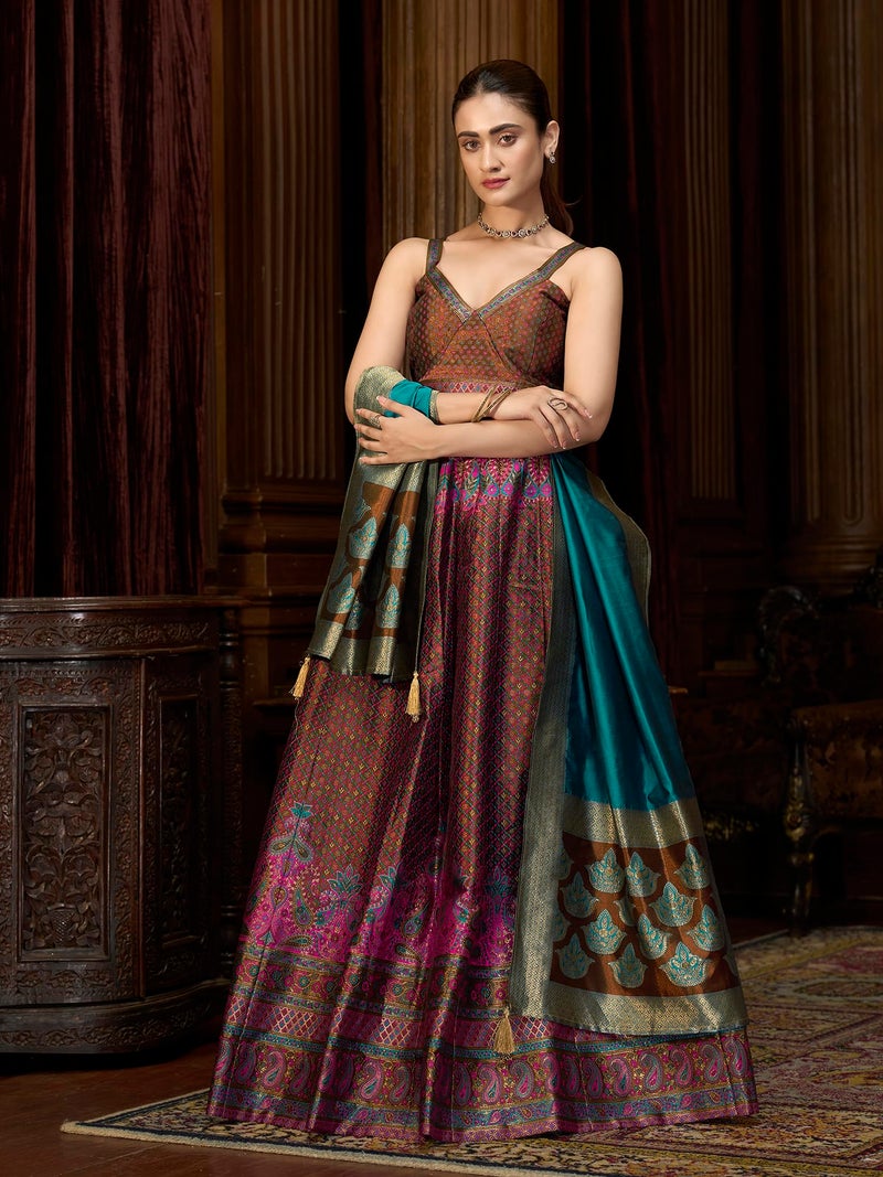 PURVAJA Women's Kanjiwaram Semi-Stitched Lehenga choli (Saaya-Brown_Free Size) - Image 4