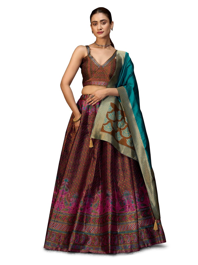 PURVAJA Women's Kanjiwaram Semi-Stitched Lehenga choli (Saaya-Brown_Free Size) - Image 1
