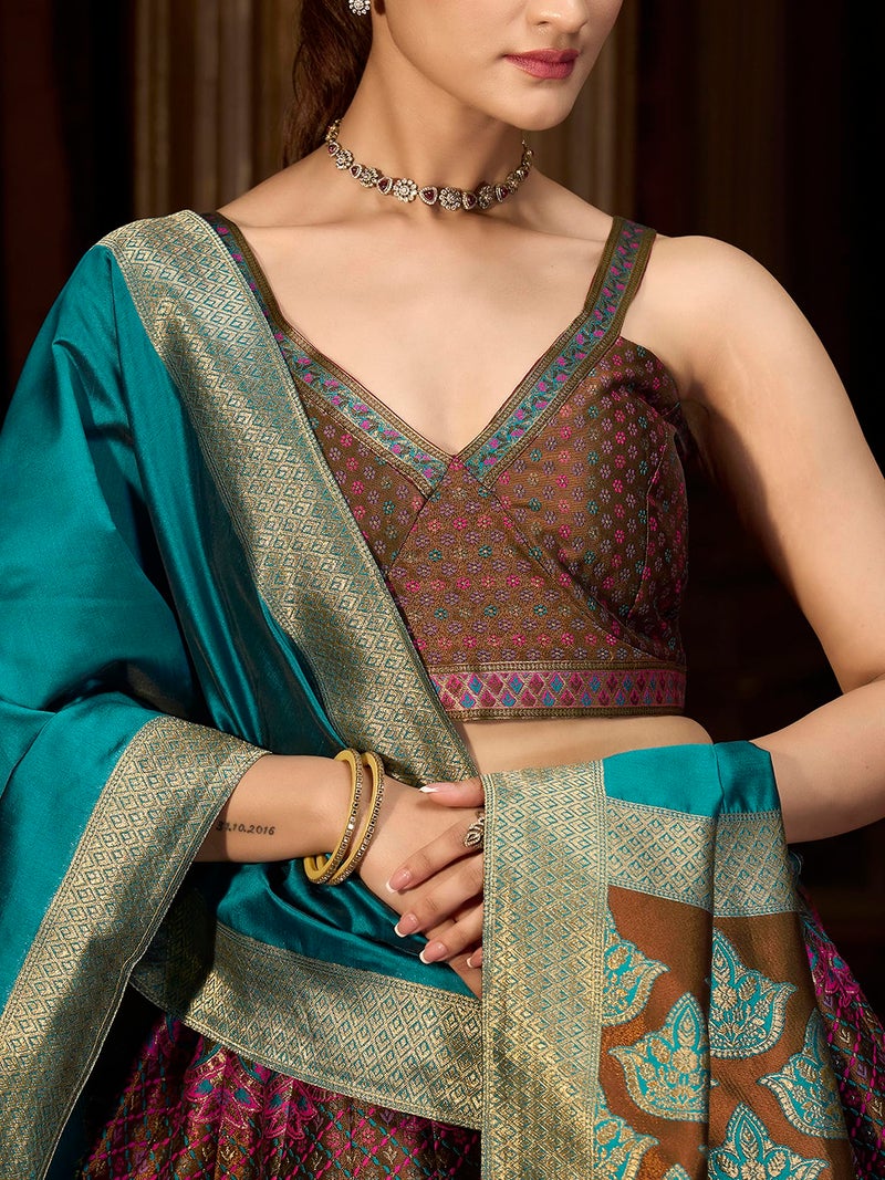 PURVAJA Women's Kanjiwaram Semi-Stitched Lehenga choli (Saaya-Brown_Free Size) - Image 5