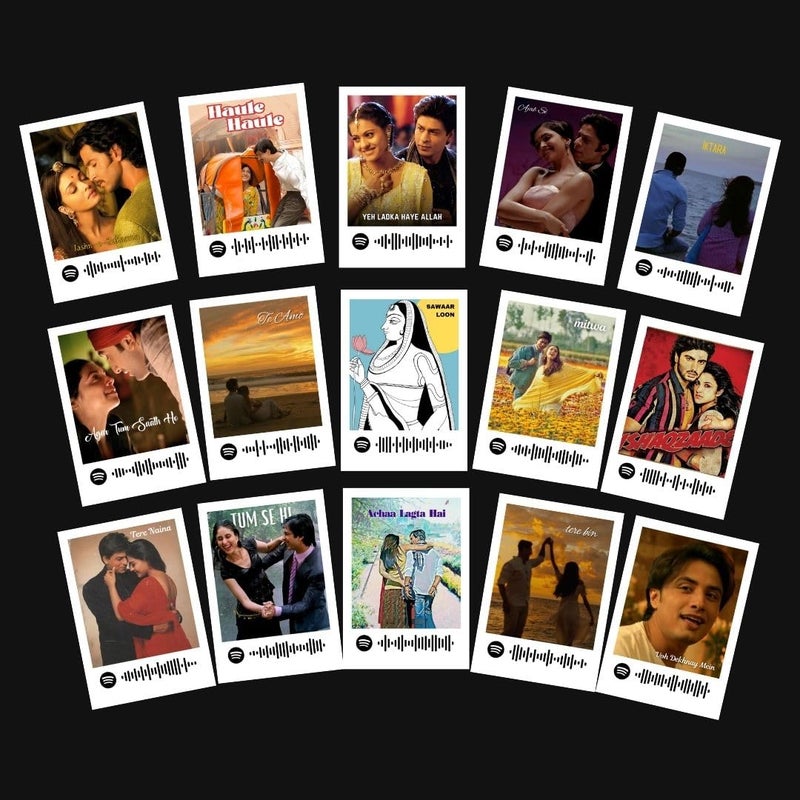 Funk You Romantic Bollywood Songs | Bollywood Hit Songs Mini Poster Kit (Set of 15) | Hits like Ajab Si, Tum Se Hi, Haule Haule Songs Size (8 x 6 cm) Posters for Phone Accessories, Bedroom, Office - Image 1