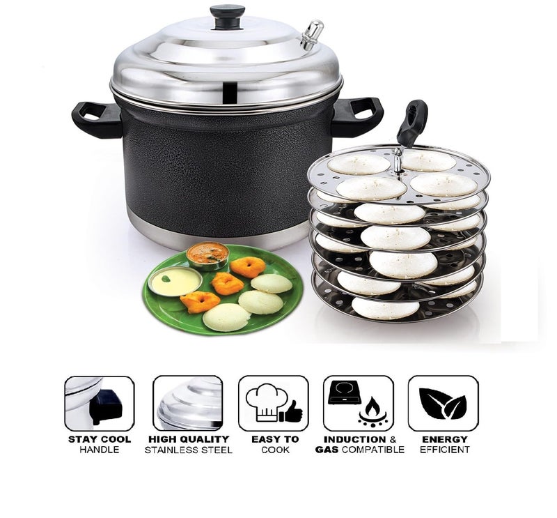 Klassi Kichen Stainless Steel Idli Cooker with 6 Plates | Heavy Duty Idli Maker with Bakelite Handle | Gas Stove & Induction Compatible | Steamer for Idli, Dhokla & Modak | Kitchen Cooking Accessories - Image 3