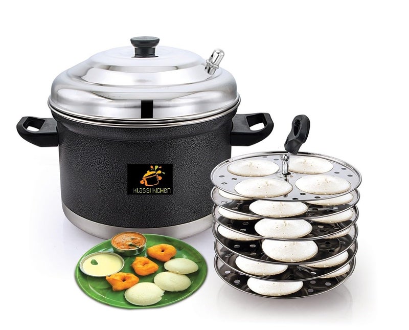 Klassi Kichen Stainless Steel Idli Cooker with 6 Plates | Heavy Duty Idli Maker with Bakelite Handle | Gas Stove & Induction Compatible | Steamer for Idli, Dhokla & Modak | Kitchen Cooking Accessories - Image 1