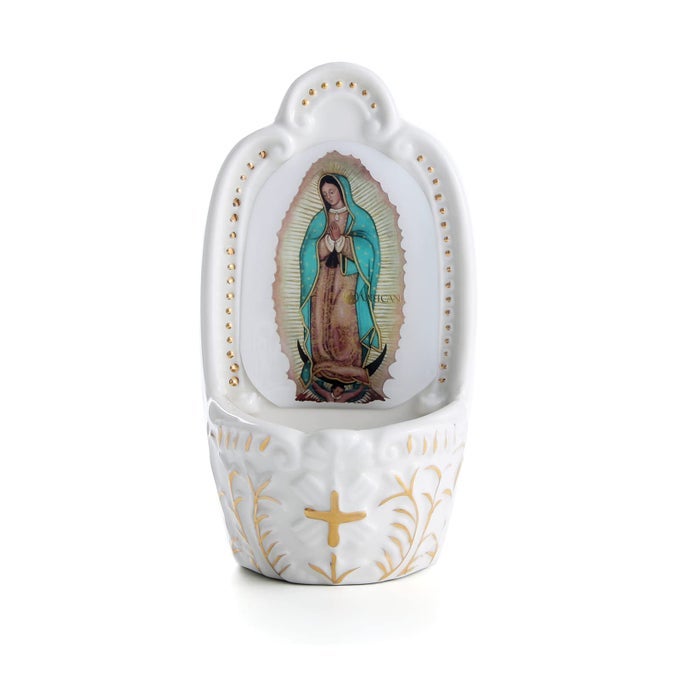 PORCELAIN CATHOLIC HOLY WATER FONT OUR LADY OF GUADALUPE HOLY WATER FONT FOR ENTRANCE OF HOME CHURCH WALL HANGING DECOR GIFT FOR FIRST COMMUNION CONFIRMATION HOUSEWARMING CATHOLIC