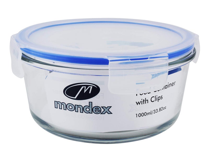 حاوية تخزين طعام زجاجية مستديرة سعة 1000 مل بغطاء أزرق cmn0093