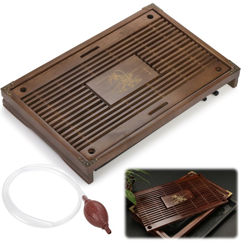 Eorbow Wooden Tea Tray, 17 Inch Chinese Kung Fu Tea Tray, Gongfu Tea Table with Water Storage Box, Household Filter Tea Serving Tray Gift Set for Home, Office, Bar - Image 1