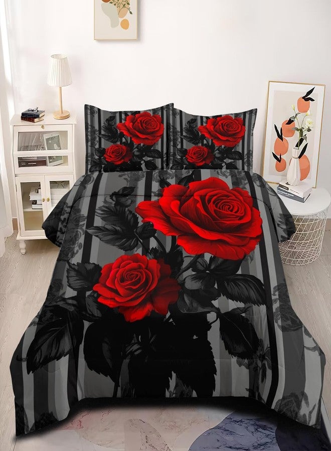 CCoutueChen Comforter Set Queen Size for Women Romantic Red Rose Comforter Set Black Floral Bedding Set for Bedroom Decor - 3Piece Soft Fluffy Microfiber with 2 Pillowcases - Image 2