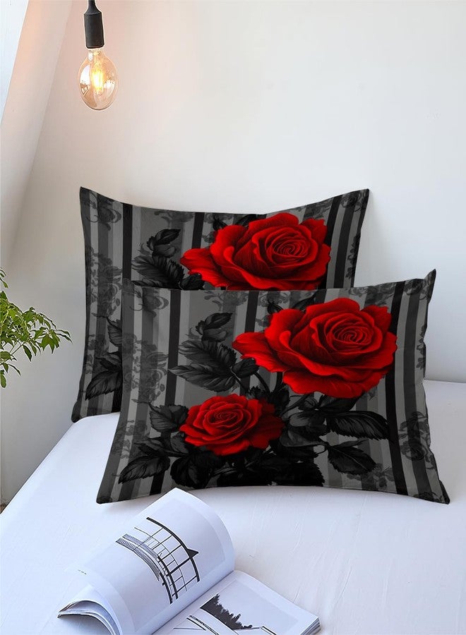 CCoutueChen Comforter Set Queen Size for Women Romantic Red Rose Comforter Set Black Floral Bedding Set for Bedroom Decor - 3Piece Soft Fluffy Microfiber with 2 Pillowcases - Image 4