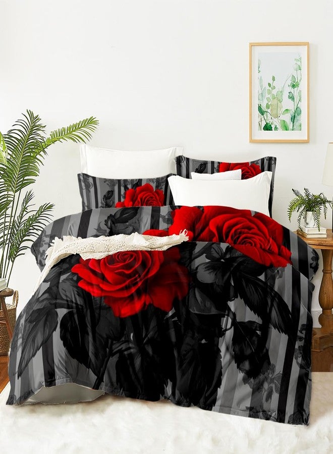 CCoutueChen Comforter Set Queen Size for Women Romantic Red Rose Comforter Set Black Floral Bedding Set for Bedroom Decor - 3Piece Soft Fluffy Microfiber with 2 Pillowcases - Image 3