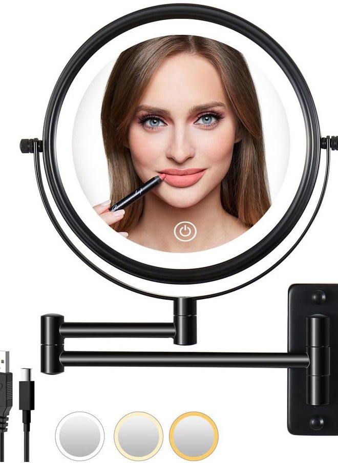 Lansi Rechargeable Wall Mounted Lighted Makeup Mirror, Mounted Makeup Magnifying Mirror with Lights,10X LED Vanity Mirror Wall Mounted, 8" Wall Bathroom Light Up Magnified Mirror (Black)  - Image 1