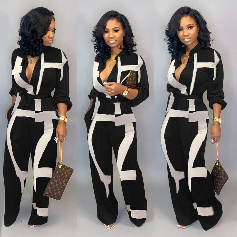Fashion Printed Jumpsuit Cardigan for Women 1# Black  - Image 1