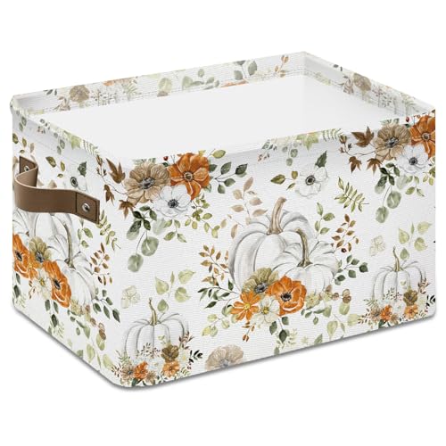 Whaline Fall Storage Basket with Handles Floral Pumpkin Cube Storage Bin Foldable Fabric Container Organizer Box for Autumn Thanksgiving Home Office Dorm Closet Shelf Toy - Image 1