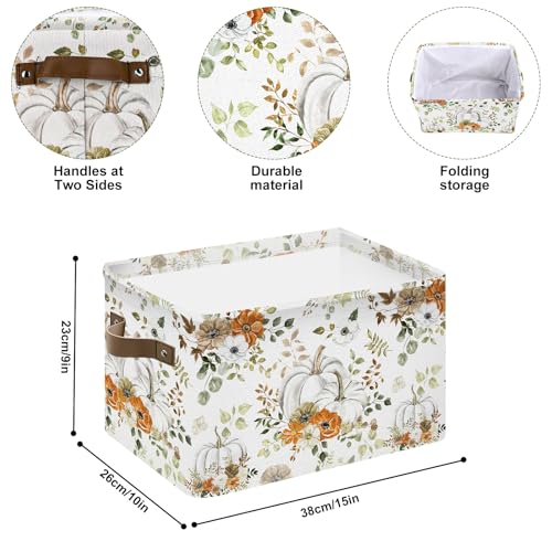 Whaline Fall Storage Basket with Handles Floral Pumpkin Cube Storage Bin Foldable Fabric Container Organizer Box for Autumn Thanksgiving Home Office Dorm Closet Shelf Toy - Image 3