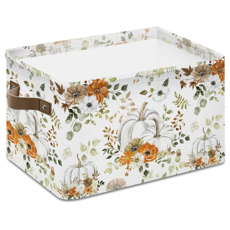Whaline Fall Storage Basket with Handles Floral Pumpkin Cube Storage Bin Foldable Fabric Container Organizer Box for Autumn Thanksgiving Home Office Dorm Closet Shelf Toy - Image 2
