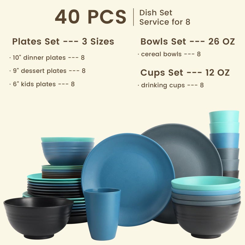Homienly 40 PCS Premium Wheat Straw Dinnerware Sets, Reusable Unbreakable Plates and Bowls Set, Cups Sets, Service for 8, Microwave and Dishwasher Safe Dishes Set for Party, Outdoor (Nightscape) - Image 2