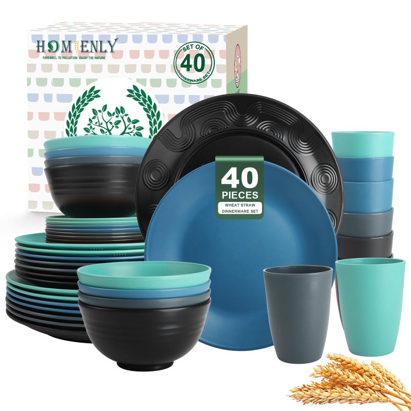 Homienly 40 PCS Premium Wheat Straw Dinnerware Sets, Reusable Unbreakable Plates and Bowls Set, Cups Sets, Service for 8, Microwave and Dishwasher Safe Dishes Set for Party, Outdoor (Nightscape) - Image 1
