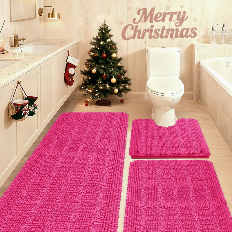 ACCUMTEK Christmas Striped Hot Pink Bathroom Rug Set 3 Pieces Ultra Soft Non Slip Chenille Toilet Mat Absorbent Plush Shaggy Bath Mats for Bathroom Bedroom Kitchen Peach