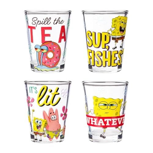 Silver Buffalo Spongebob Squarepants Featuring Patrick Star and Gary Quotes Set 4 Pack Mini Glass Set 15 Ounces - Image 1