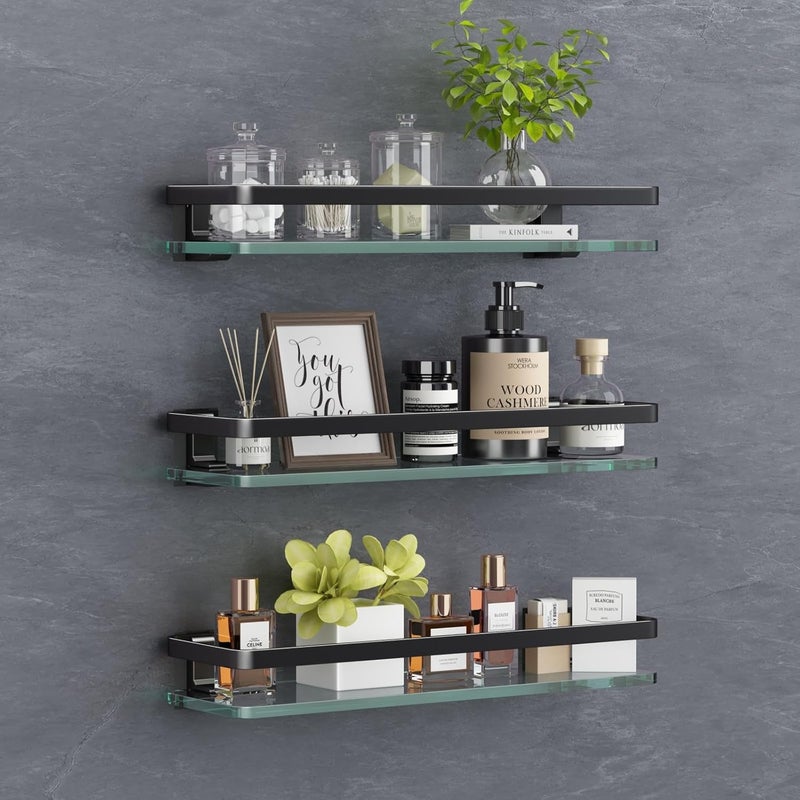 VOLPONE Bathroom Wall Shelf 15.7in Bathroom Glass Shelves Wall Mount Glass Shelf Rustproof Bathroom Wall Organizer 3 Tier (Black) - Image 1