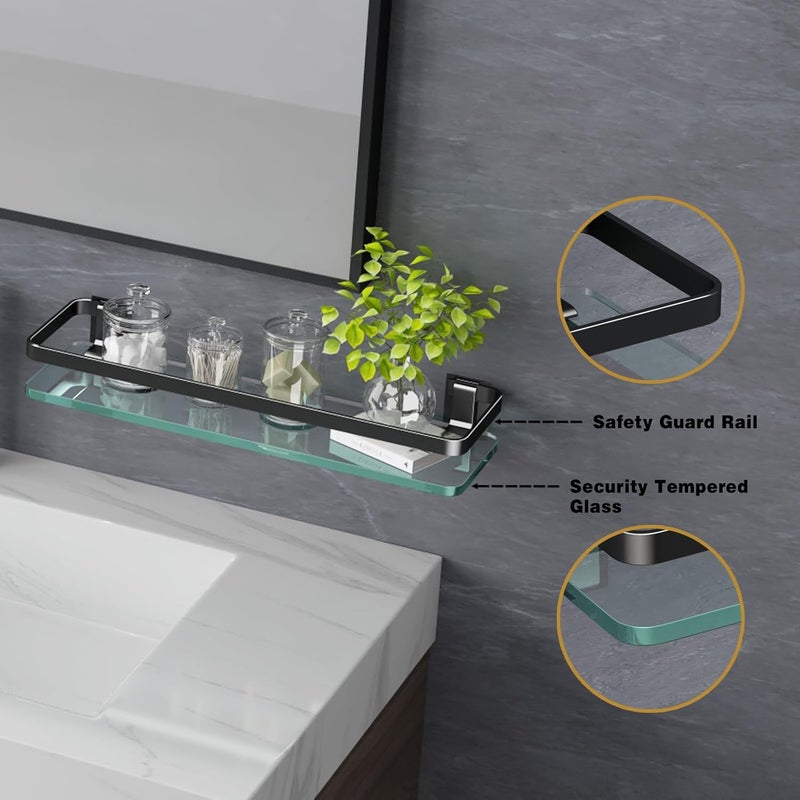 VOLPONE Bathroom Wall Shelf 15.7in Bathroom Glass Shelves Wall Mount Glass Shelf Rustproof Bathroom Wall Organizer 3 Tier (Black) - Image 4