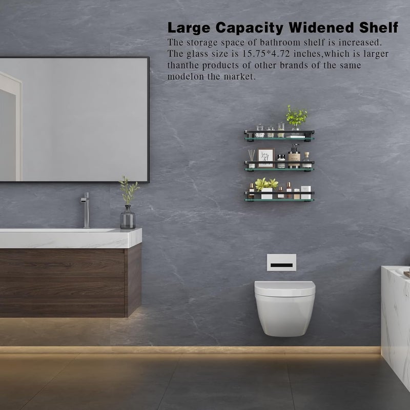 VOLPONE Bathroom Wall Shelf 15.7in Bathroom Glass Shelves Wall Mount Glass Shelf Rustproof Bathroom Wall Organizer 3 Tier (Black) - Image 3