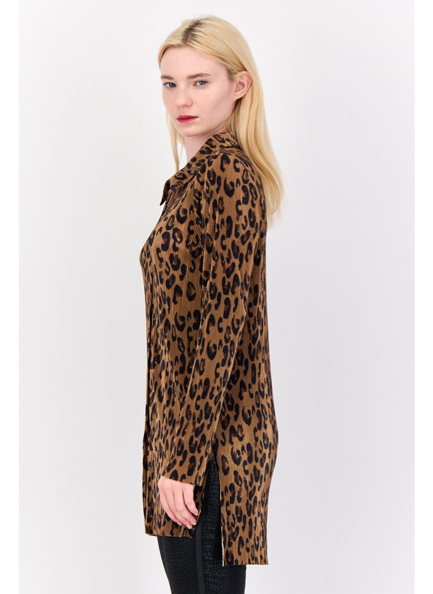 Cyrus - Women Pointed Neck Long Sleeve Animal Print Blouse, Brown - Image 1
