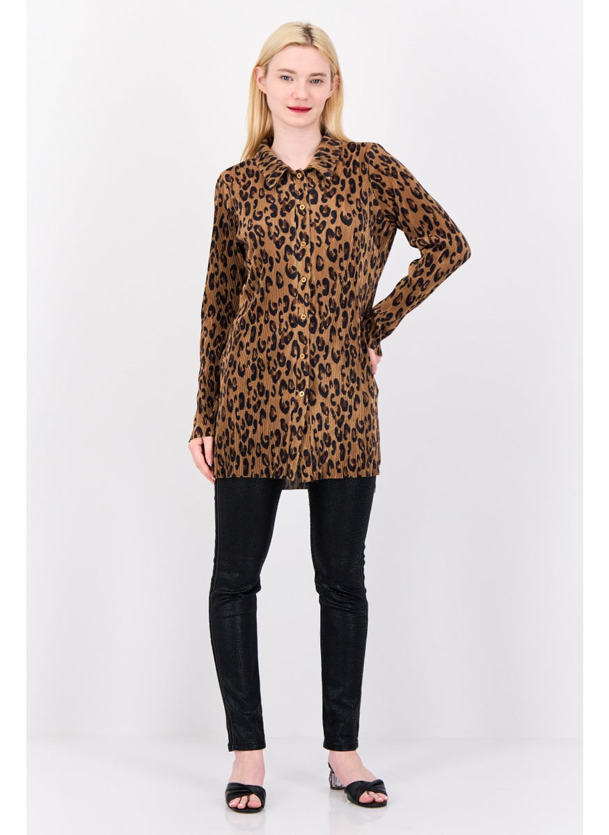 Cyrus - Women Pointed Neck Long Sleeve Animal Print Blouse, Brown - Image 1