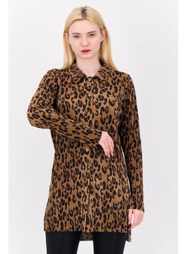 Women Pointed Neck Long Sleeve Animal Print Blouse, Brown