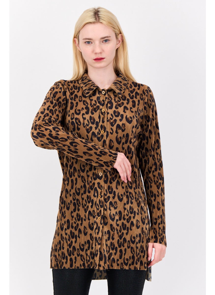 Cyrus - Women Pointed Neck Long Sleeve Animal Print Blouse, Brown - Image 1