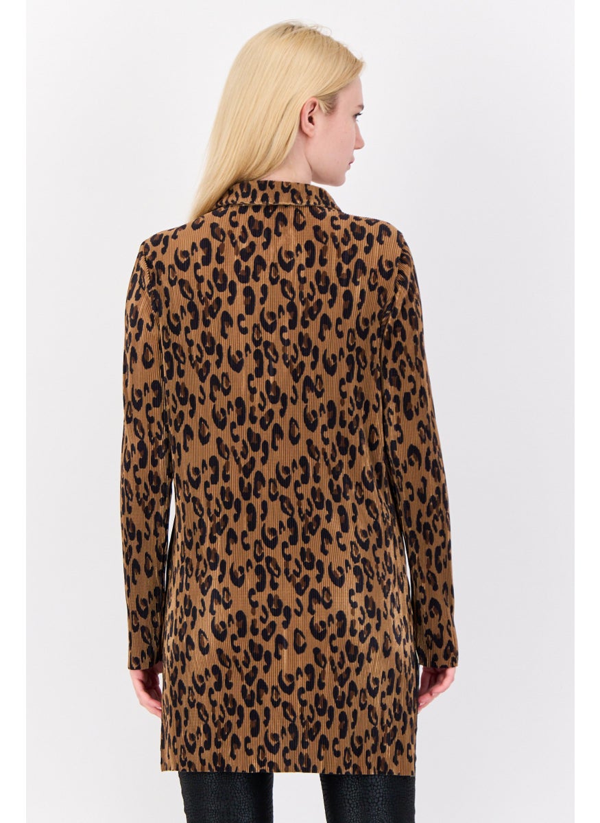 Cyrus - Women Pointed Neck Long Sleeve Animal Print Blouse, Brown - Image 1