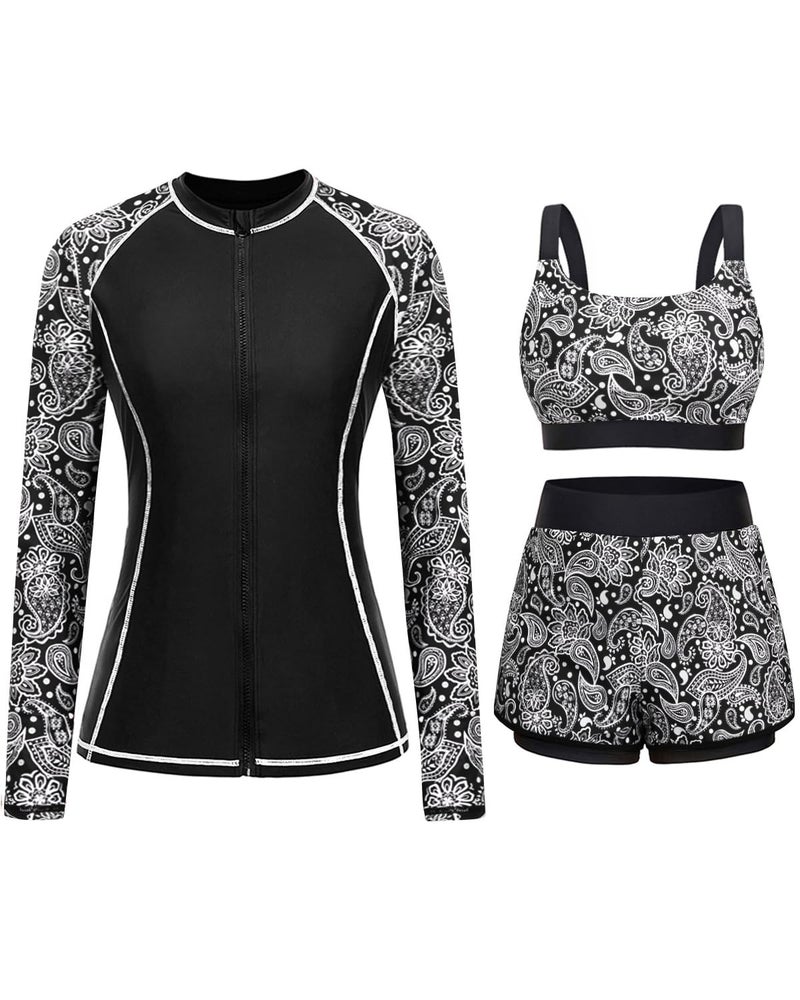 Daci Black Paisley 3 Piece Rash Guard for Women - Long Sleeve Swimsuits with Shorts SPF Zip up Swim Shirt with Built in Bra L - Image 1